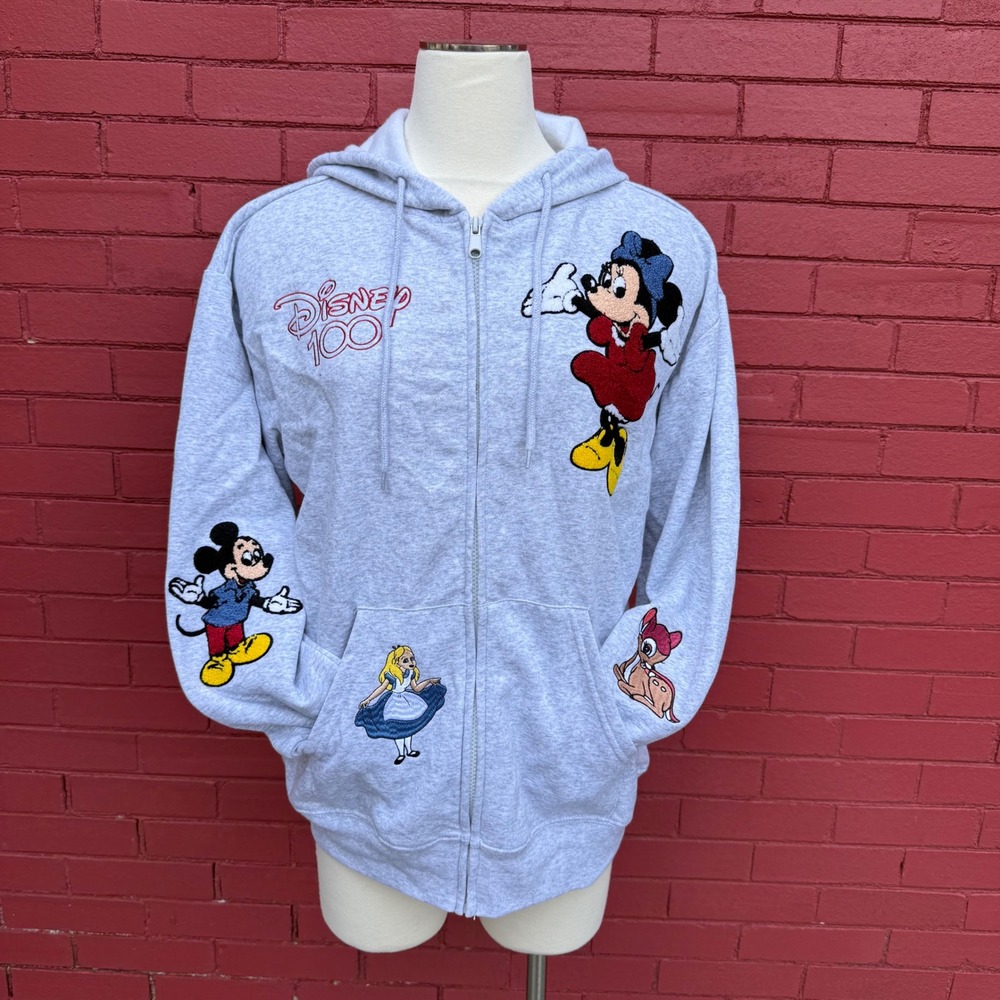 Disney Minnie Mickey Hoodie Heather Gray Zip Up Alice Bambi Womens Large